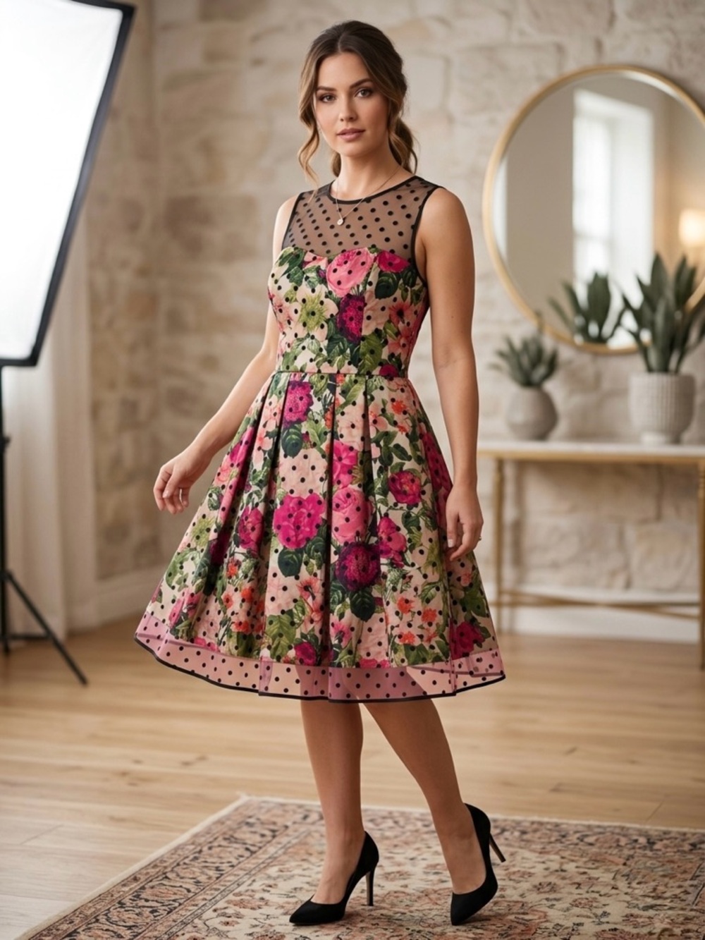 Eliza J Floral & Polka Dot Mesh Overlay Fit & Flare Party Dress 10